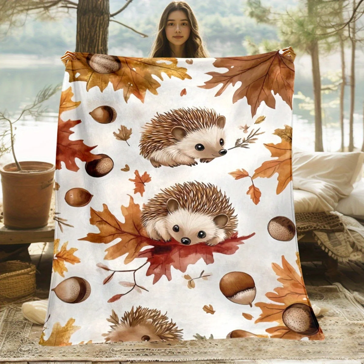 Custom Hedgehog Blanket Autumn Leaves Acorn Pattern Personalized Name Fleece Throw All Season Soft Warm Bedding Home Decor Gift