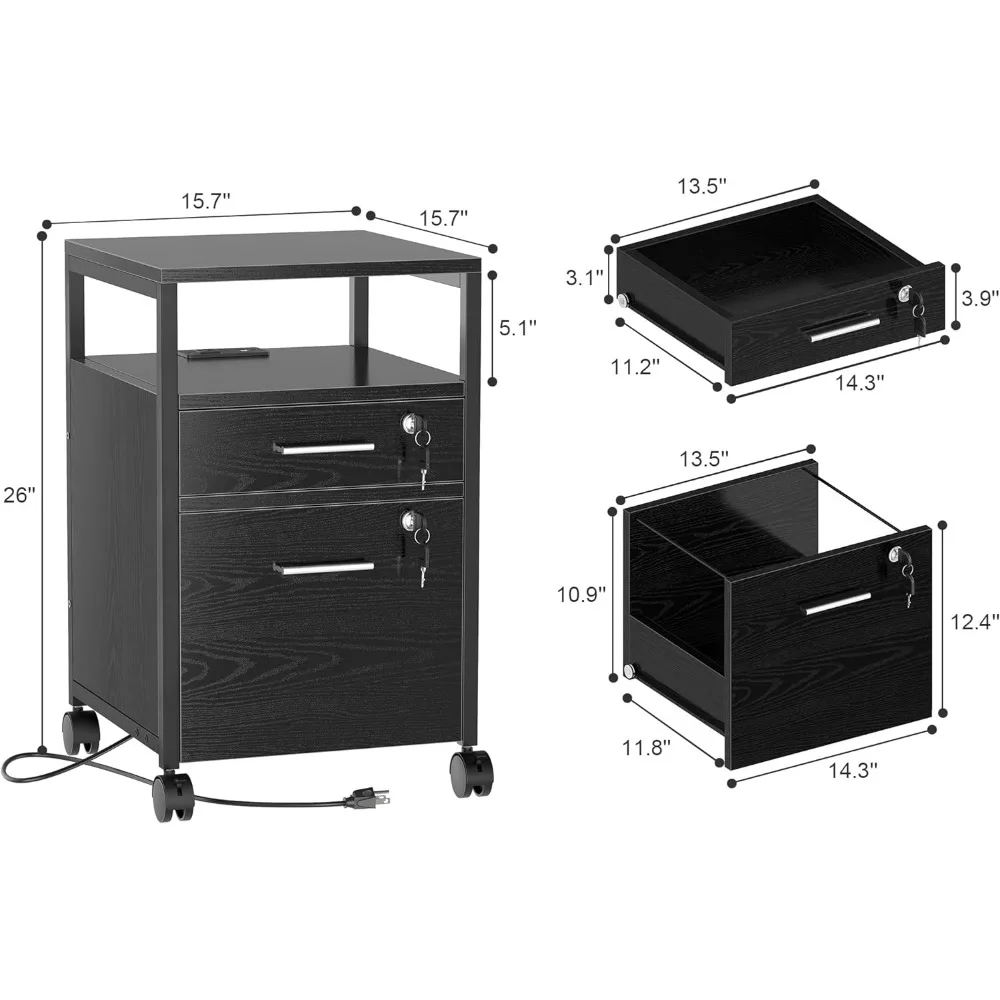 SUPERJARE File Cabinet with Lock & Charging Station, 2 Drawers Rolling Filing Cabinet, Office File Cabinet with Wheels & Open