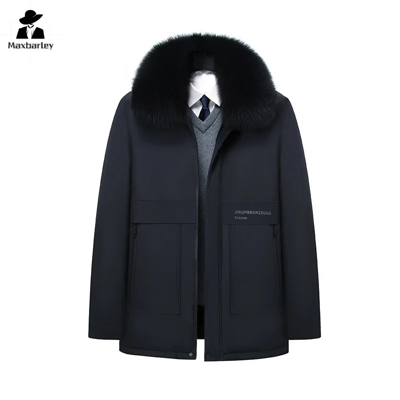 Casaco acolchoado de algodão masculino com gola de pele grande, jaqueta grossa da moda, parka quente, à prova de frio, comercial, inverno, leve, luxo