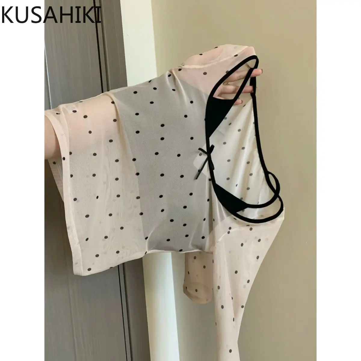 KUSAHIKI French Polka Dot Bow Off Shoulder Slightly Transparent Long Sleeved T-shirt for Women Spring Spicy Girl Slim Bottom Top