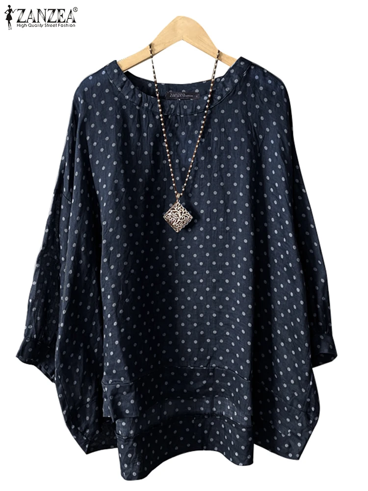 2024 ZANZEA Casual Women\'s Blouse Vintage Polka Dot Printed Tops Loose Holiday Blusas Autumn Long Sleeve Asymmetrical Hem Shirt