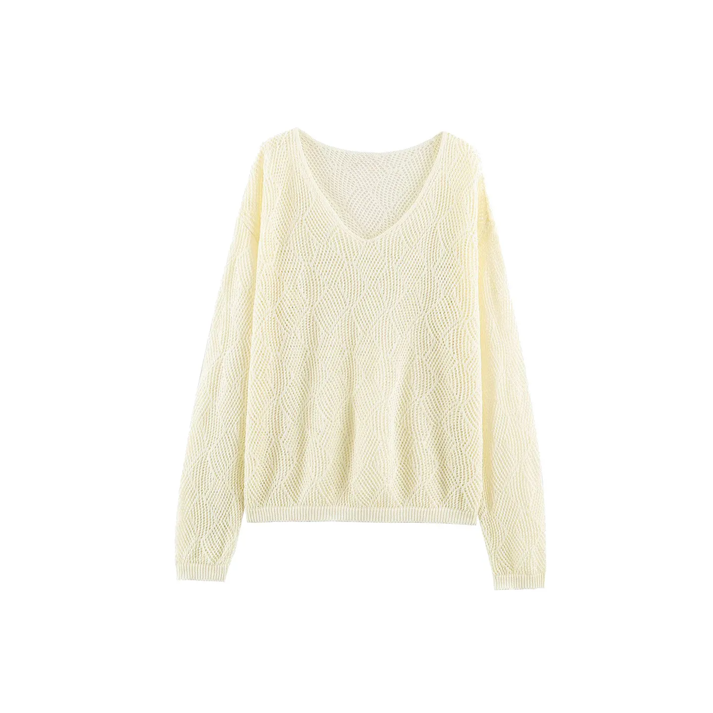 Fashionable Knitted Long Sleeve Hollow Diamond Pattern Women's Shirt 2026 Autumn Collection ZADATA Brand V-neck Design