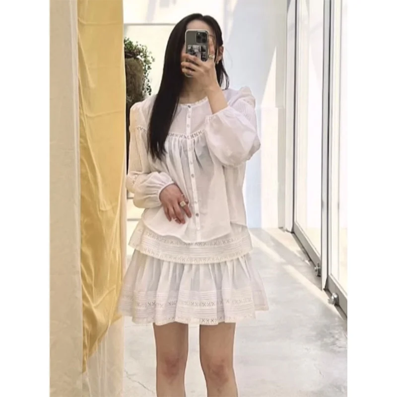 

Sweet Dongdaemun 26 Summer Hollow Single Button Women's irt Pleated High Waist ort Skirt French Sle Loose Fit Long Sve