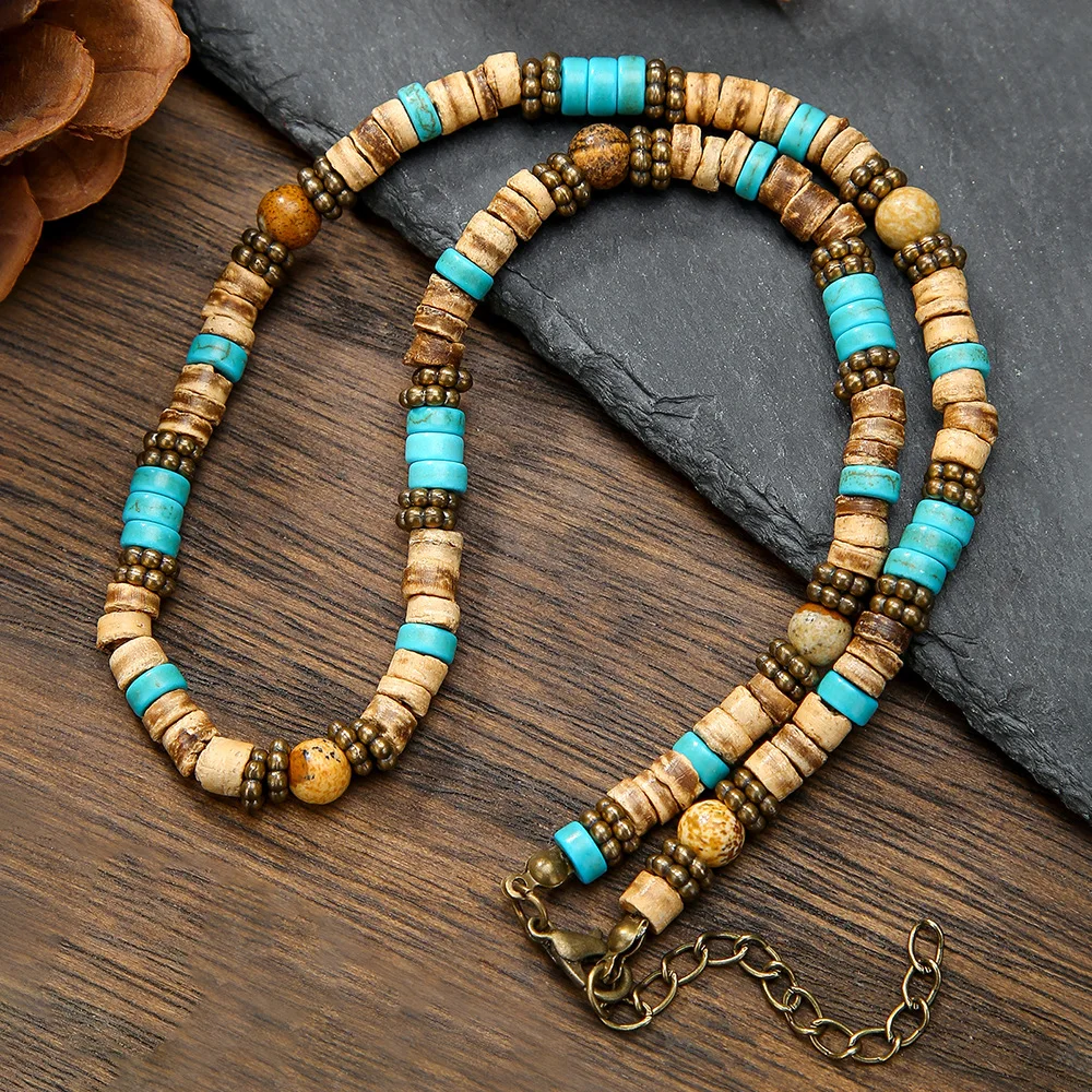 1PC Fashion Vintage Man's Light Coffee Color Coconut Shell Necklace for Men Bohemia Wooden Beaded Surfer Necklace Men Jewelry