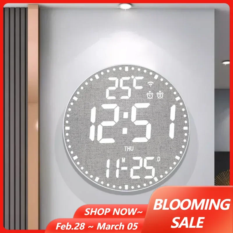นาฬิกาแขวน LED ดิจิตอลพร้อมสัญญาณเตือนภัยแบบ Dual Wifi App ควบคุมอุณหภูมิวันที่เวลาสัปดาห์แสดงนาฬิกาปลุกอิเล็กทรอนิกส์สีสันสดใสสร้างสรรค์