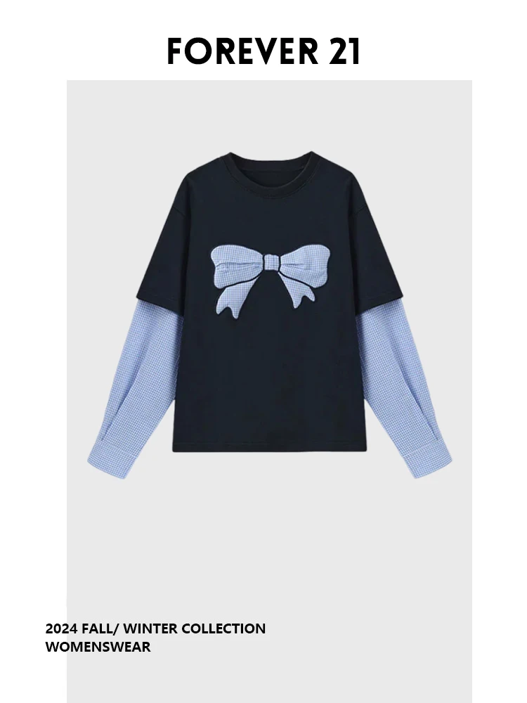 

Футболка-топ Forever 2 в клетку с лоскутным узором, свободного кроя, удлиненная, весенняя, универсальная, синяя, имитация двухслойного комплекта