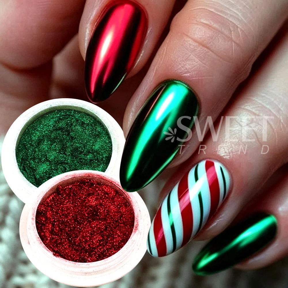 SWEET TREND-6Boxes Christmas Chrome Nail Art Powder Pigment Mirror Effect UV Gel Polish Glitter Dust New Year's Manicure Decor
