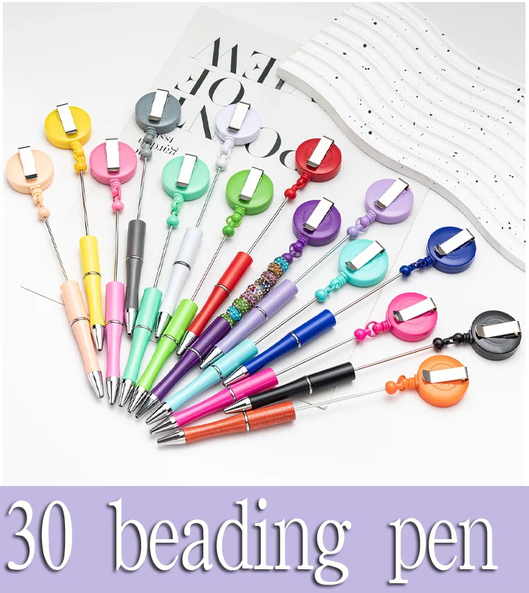 30Pcs Easy Pull Button Beading Pen Can DIY Beads Retractable Buckle Plastic Easy Pull Button Plastic Beading Ballpoint Pen