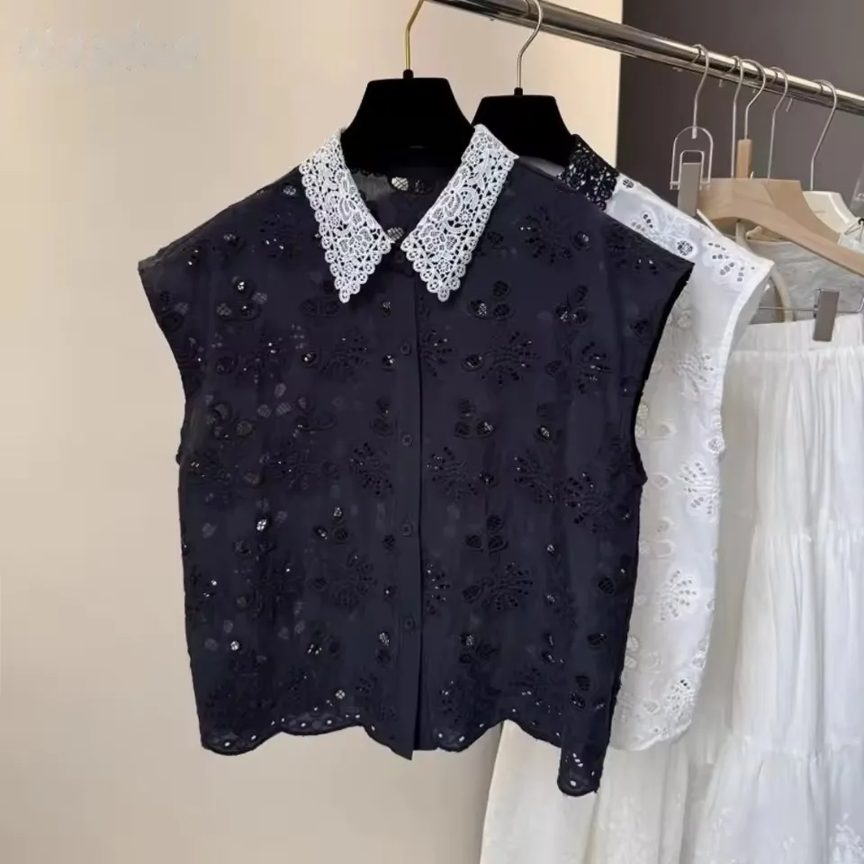 Korean Simple Colour Blocking Hollow Out Crop Shirt Women New Office Lady  Lace Turn-down Collar Shirt Sleeveless Sweet Tops