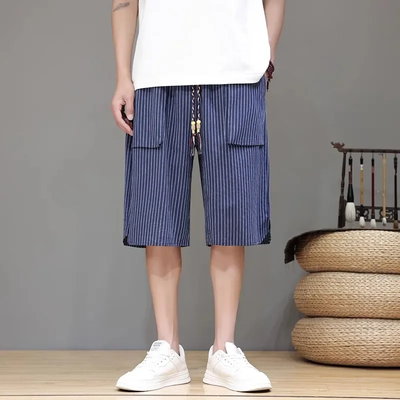 LIBIELIY Summer Striped Knee Length Pants Men Chinese Style Thin Casual Shorts Male Loose Sports Streetwear Jogging Short Trouse