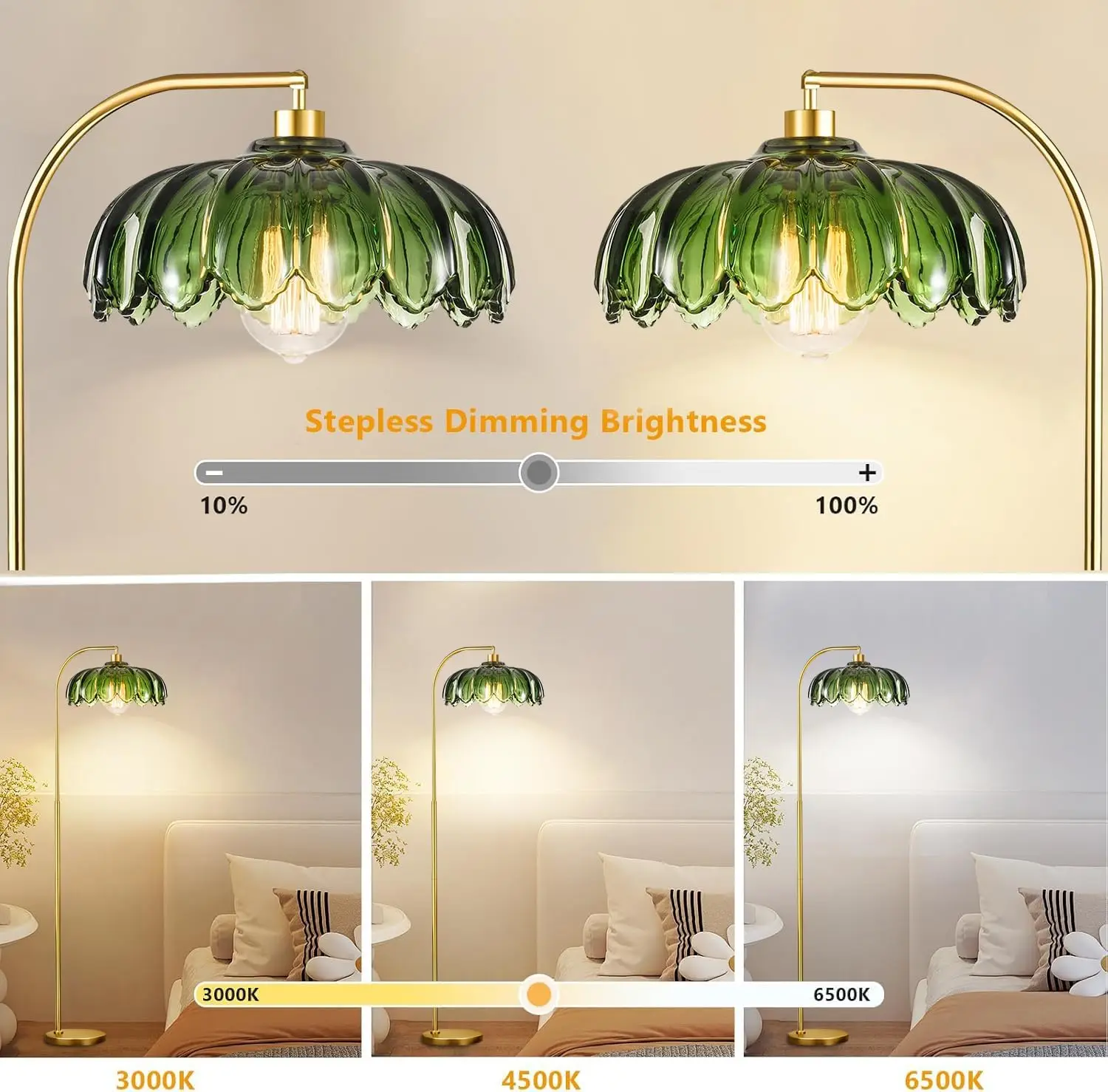 

Glass Floor Lamp for Living Room,Bedroom,Gold Dimmable Standing Lamp with Remote,Mid Century Modern Brass Tall Lamp
