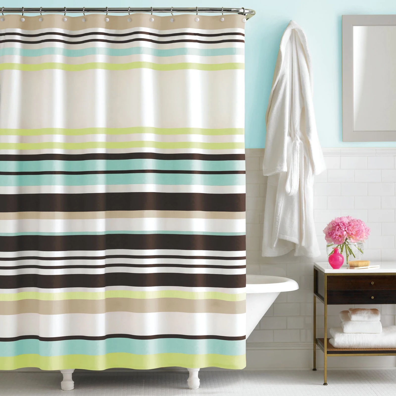 Candy Stripes Fresh Blue Polyester Waterproof Printed Green Bright Fabric Decoratived Modern Tan Shower Curtain