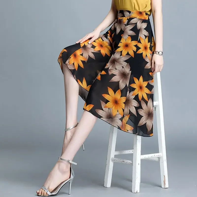 Summer New Chiffon Floral Knee Length Pants Thin High Waist Printing Loose Pants Casual Fashion Women Clothing