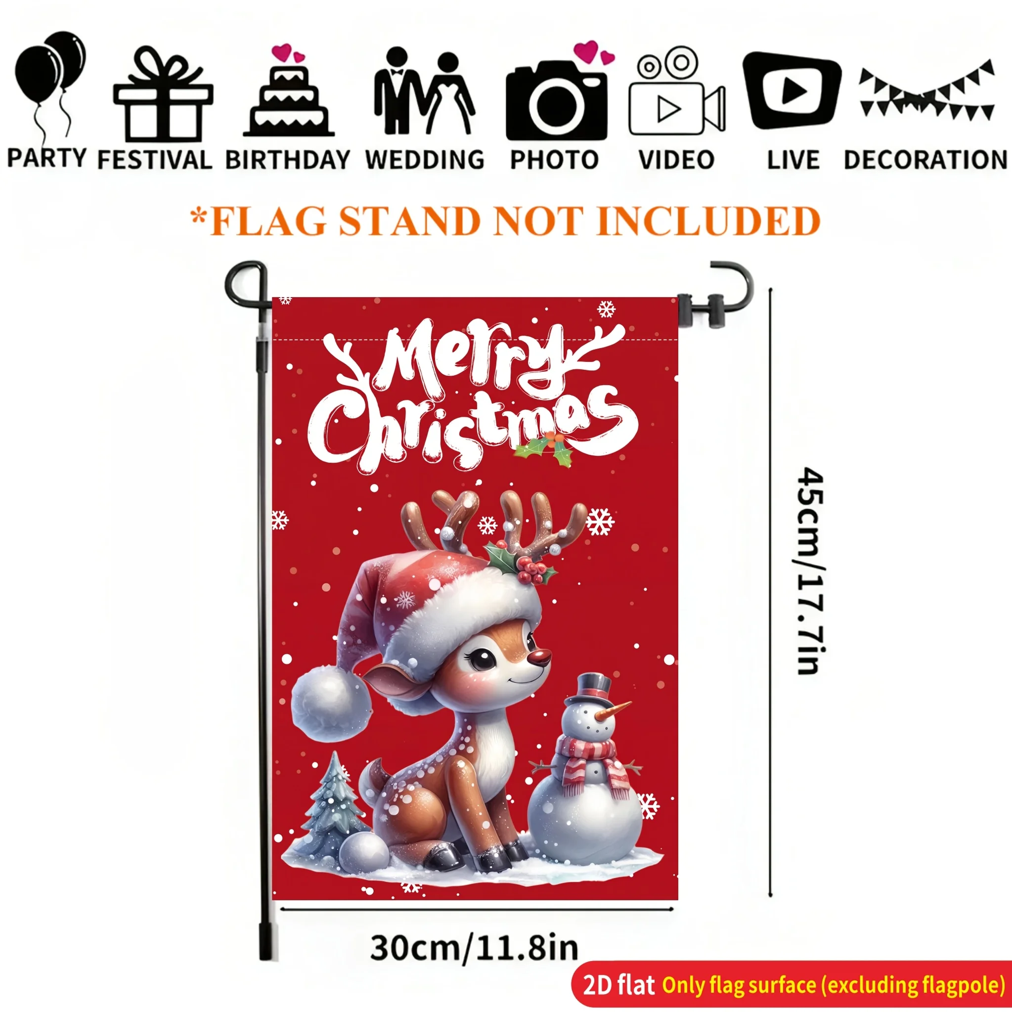 2D Flat Garden Flag (Pack of 1) - Red Base Deer And Snowman Garden Flag, Outdoor Lawn and Yard Festive Atmosphere Decorative Banner, Durable Polyester Material, 11.8X17.7 Inches, Single-Sided Printed Flag, No Flagpole