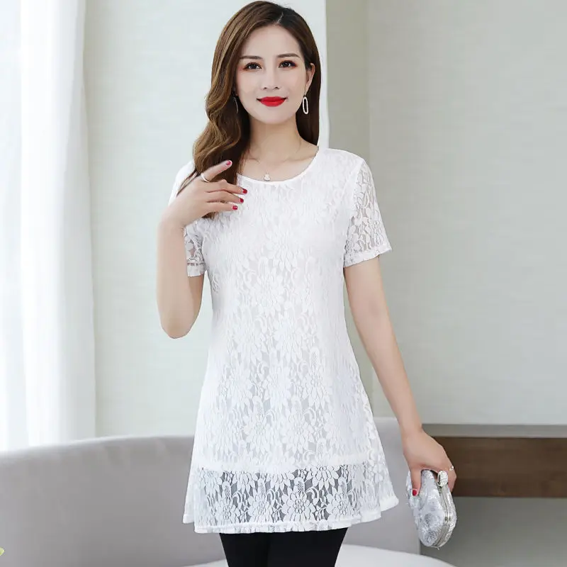 Summer New Lace Asymmetrical T Shirts Short Sleeve Round Neck Solid Color Loose Tops Tees Elegant Fashion Women Clothing