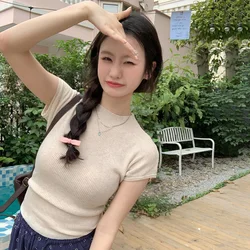 Summer Women Tops Solid Color Knitted Short-Sleeved T-Shirt Round Neck Hollowed-Out Lacing Slim Fashion Casual Knitted Top