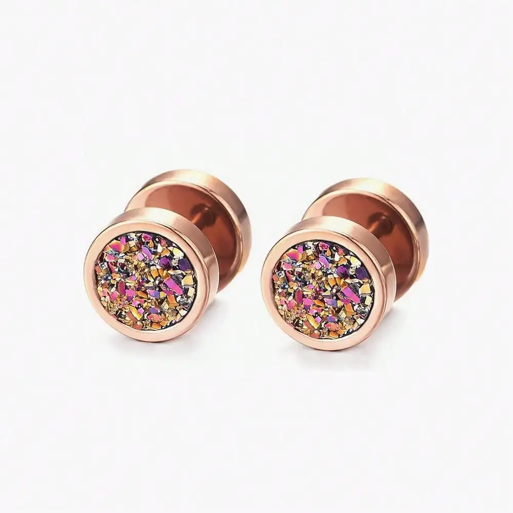1pair Fashionable Dumbbell Mineral Stone Stainless Steel Stud Earrings For Women And Men, Black Punk Style