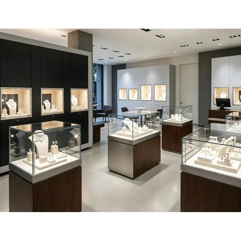 custom.Modern Minimalist Black & White Wood Jewelry Display Cabinet, Custom Glass Showcase High-End Luxury Retail