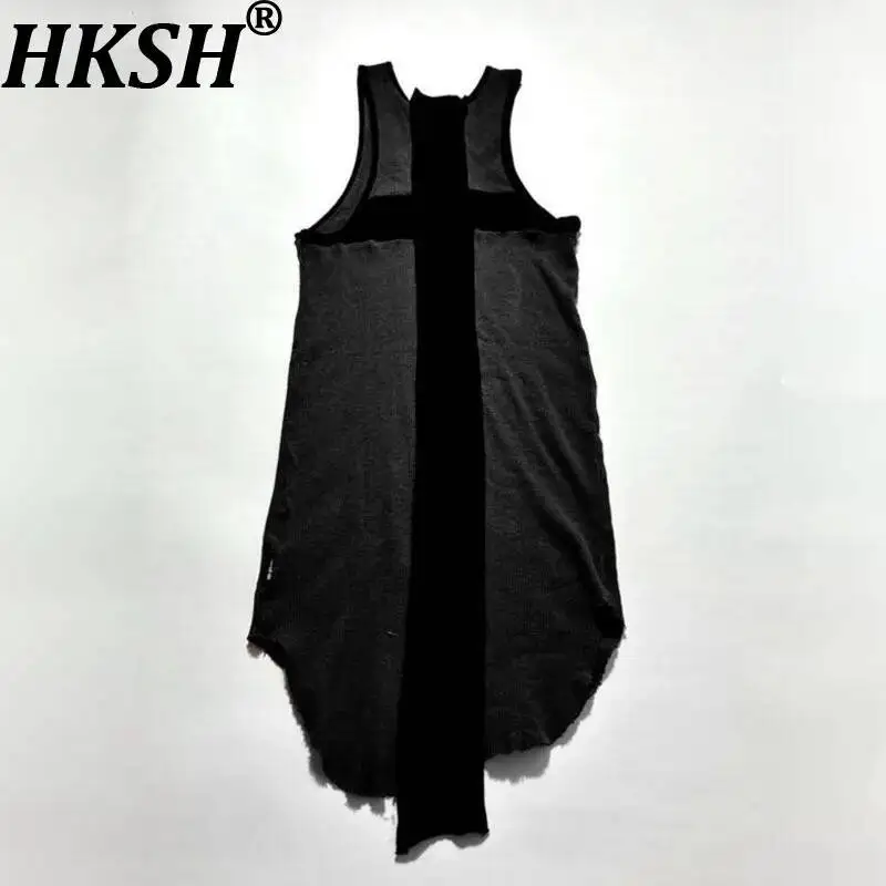 HKSH Spring Autumn New Men Tide Chic Ins Visual Style Vest Cross Stitching Slim Fit Sleeveless Tees Unisex Dark Tank Top HK25439