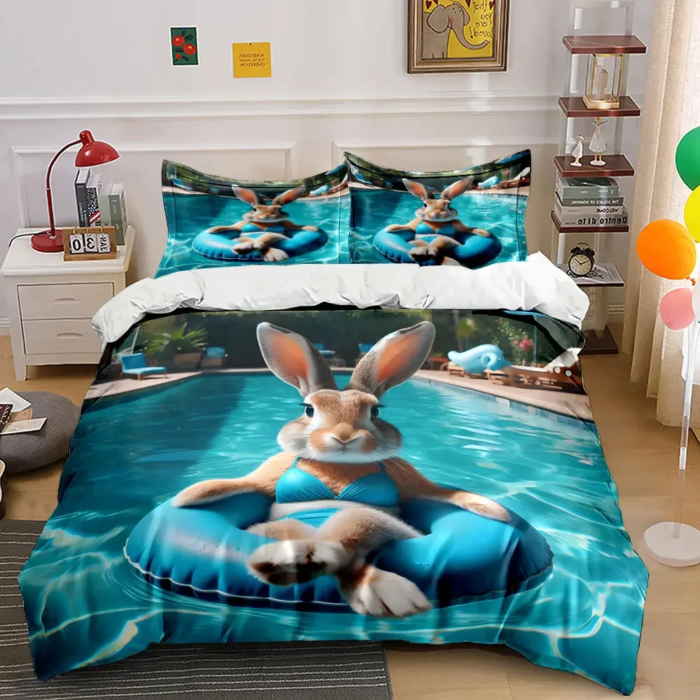 Swimming Pool Fun Rabbit Set Soft Comfortable Duvet Cover Bedding Set Included 1*Duvet Cover & 2*Pillowcases, gift