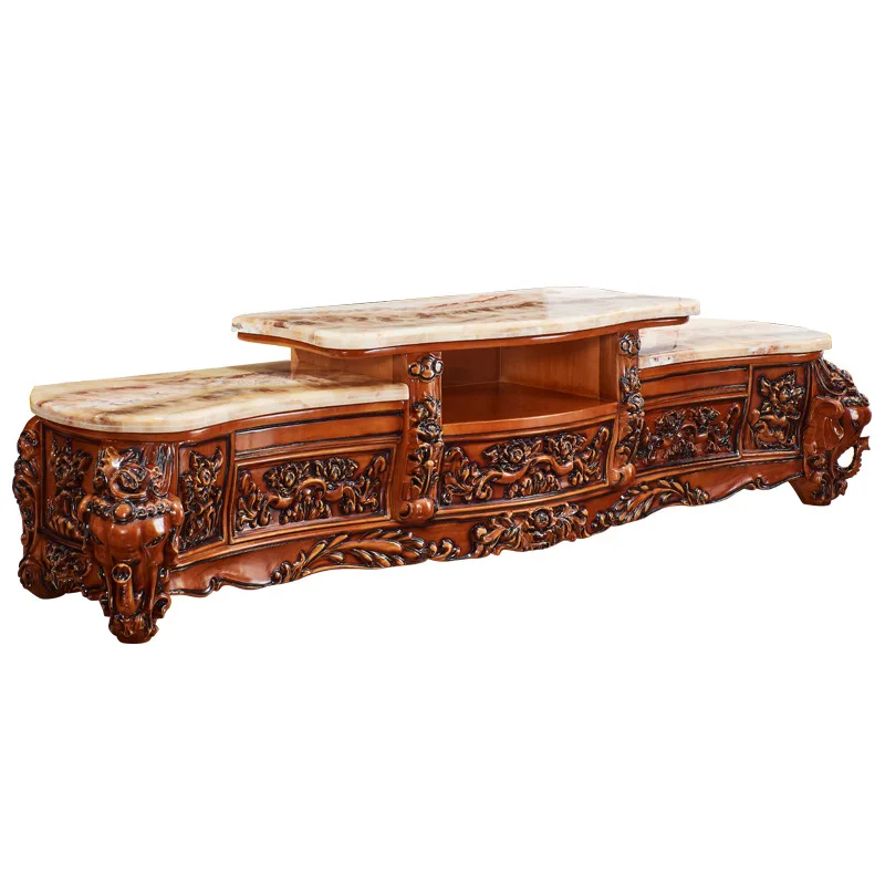 European-style TV cabinet, marble all-solid wood oak carved storage cabinet
