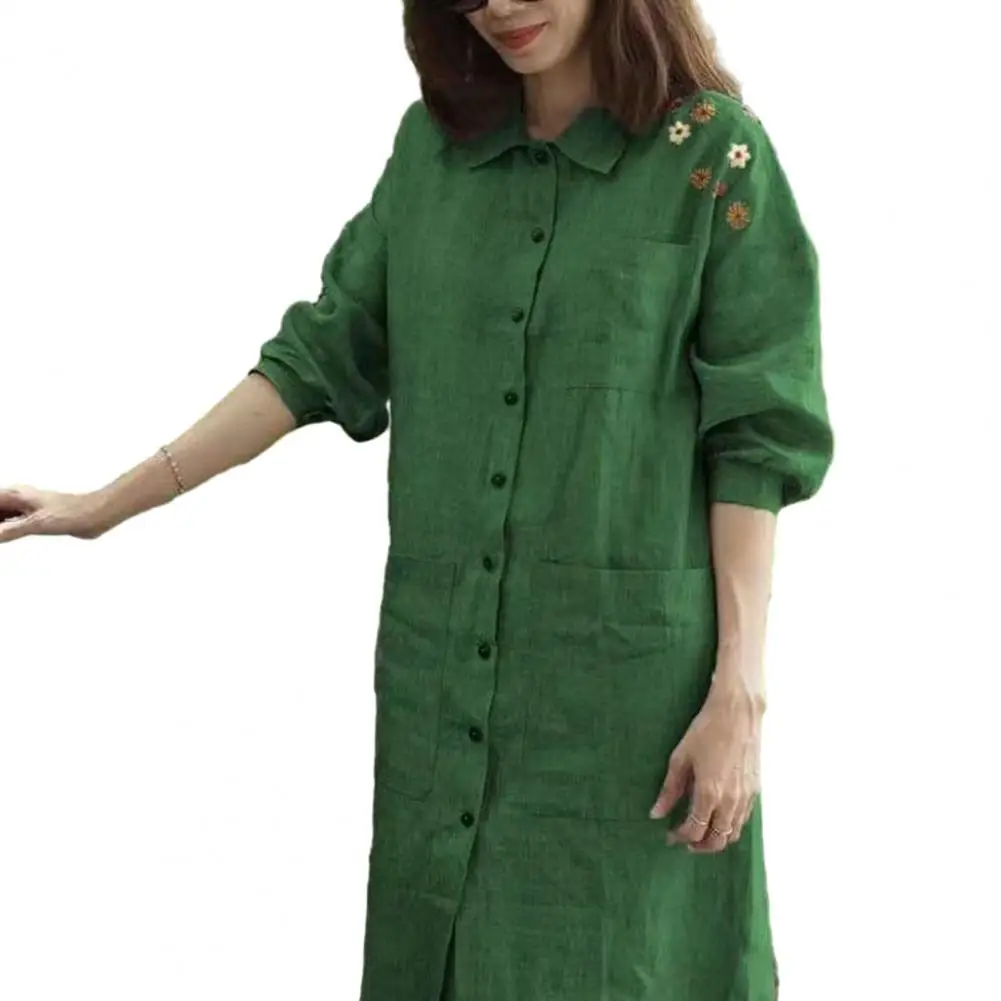 

Spring Women Dress A-line Loose Print Single-breasted Patch Pockets Lapel Long Sleeve Midi Dress