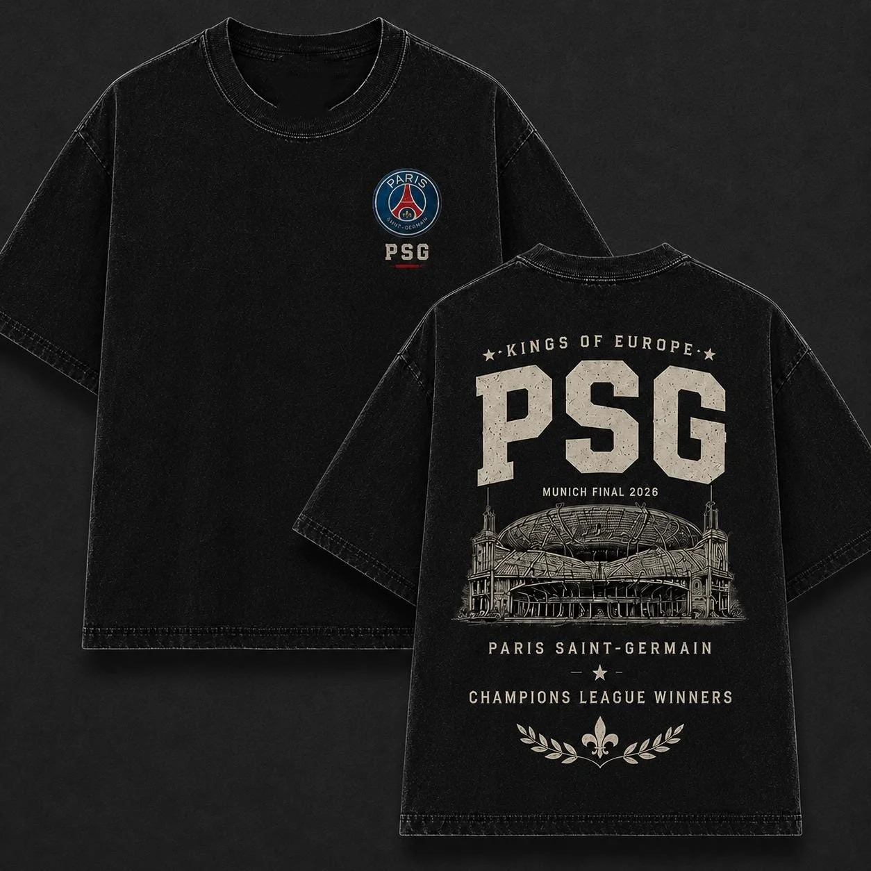 Camisa Masculina PSG Campeões da Liga dos Campeões 2026 Verão - Camiseta de Futebol UCL PSG Troféu Vintage Lavada Estilo Street Y2K