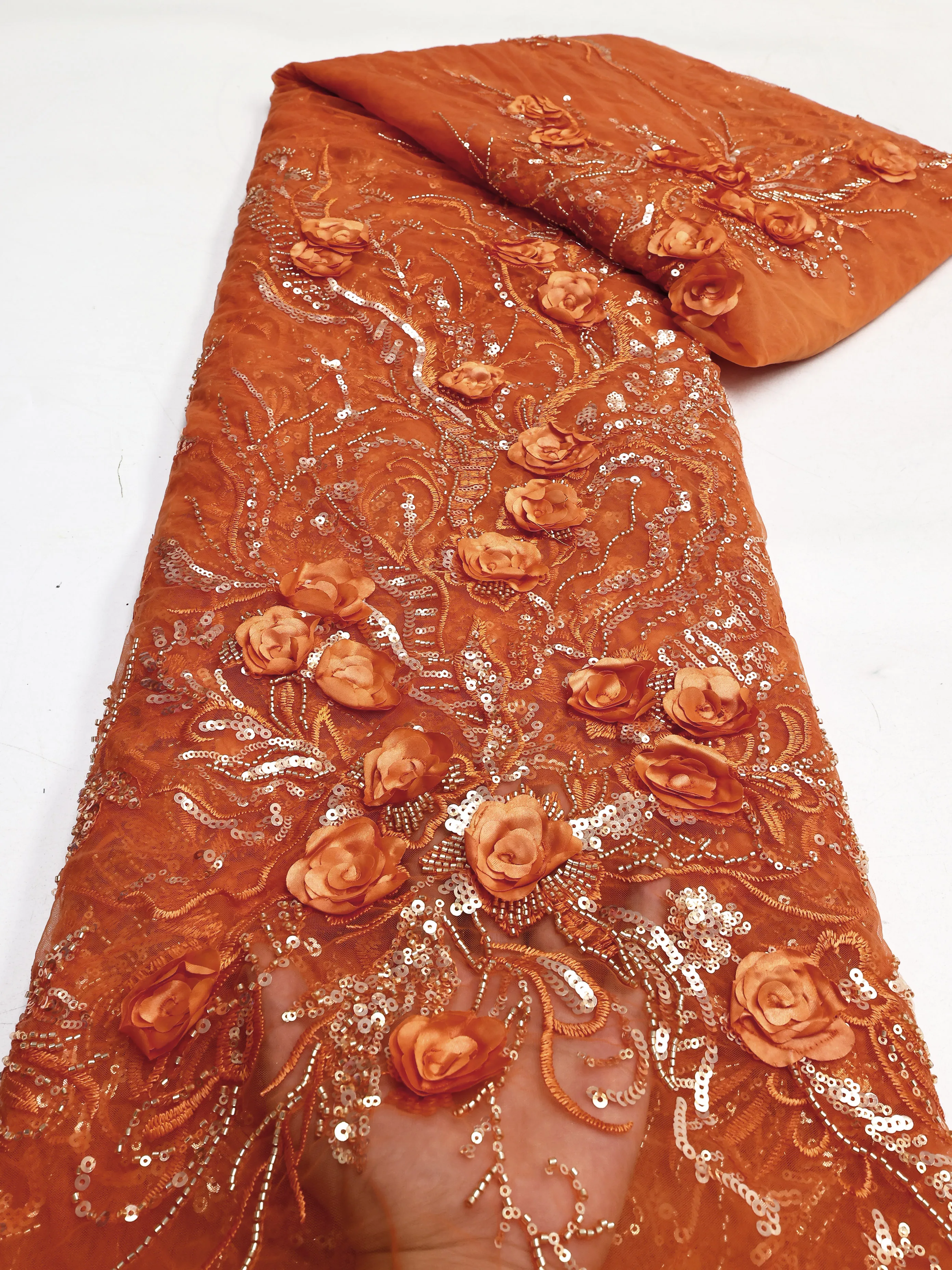 

2024 High Quality African NigerianWith Sequins Embroidery Tulle Lace Fabric Sewing Net Cloth Beads Stone Prom Dresses 5Yard