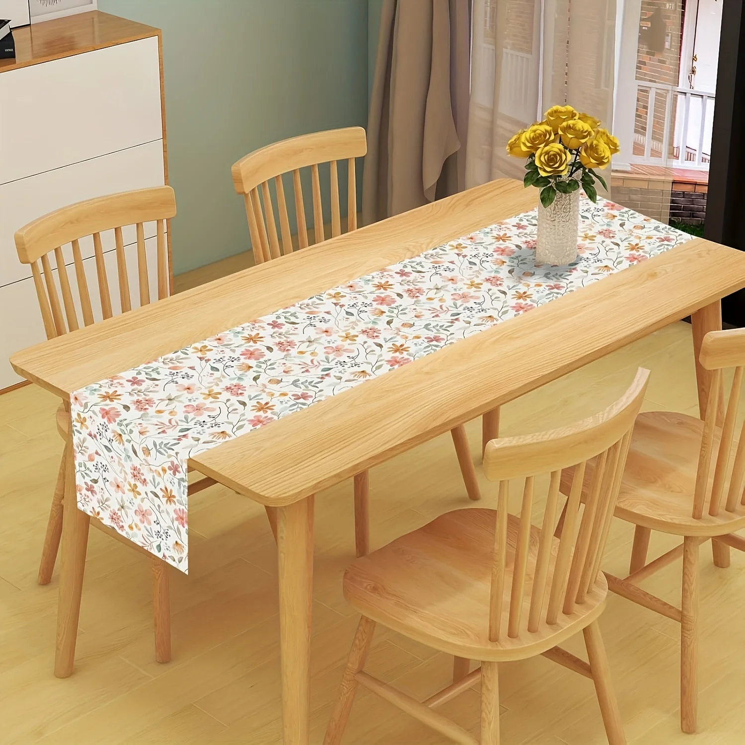 Linen Spring Flower Table Runner - Farmhouse Sunshine Floral Kitchen Dining Decor