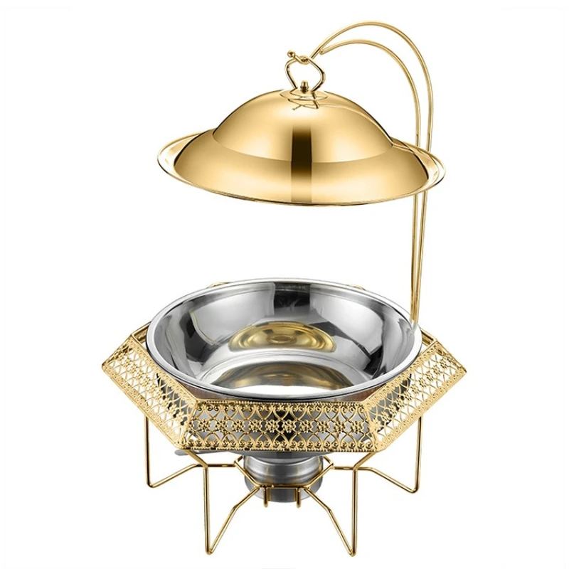 

Hotel restaurant alcohol stove small hot pot golden hexagonal carved dining stove stainless steel hook buffet stove
