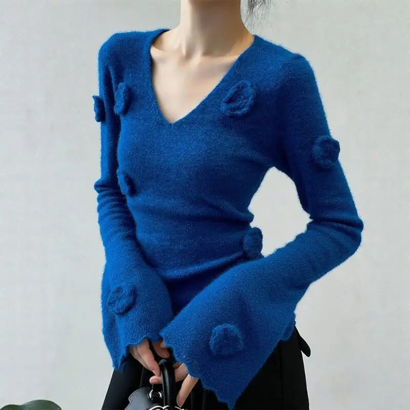 

Women's Sweater Autumn And Winter V-Neck Slim Fit 3D Flower Design Waist Shaping Knitted Top For Women Casual Wear New Arrival
