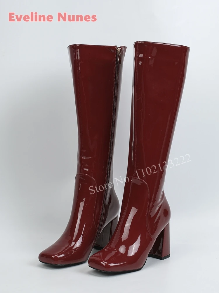 Blue Zipper Knee Boots Patent Leather 2024 Autumn Square Toe Chunky High Heel News Solid Sexy Fashion Shoes For footwear