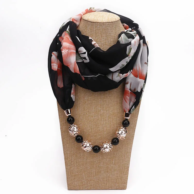 Beaded Pendant Scarf Print Chiffon Neck Warmer Fashion Outdoor Travel Shawl Infinity Wrap for Women Ladies Unisex​