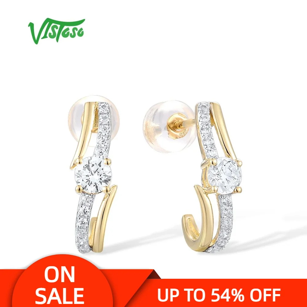 VISTOSO Gold Earrings For Women Genuine 9K 375 Yellow Gold Earrings Sparkling White CZ Promise Band Earrings Party Fine Jewelry