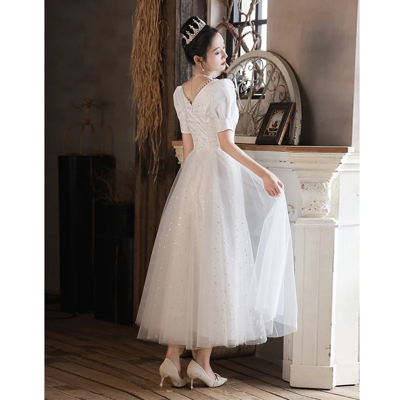 فساتين سهرة بيضاء للنساء أنيقة بياقة مربعة وأكمام منتفخة مزينة بالترتر مطرز بالخرز مأدبة مزاجه فساتين حفلات الزفاف