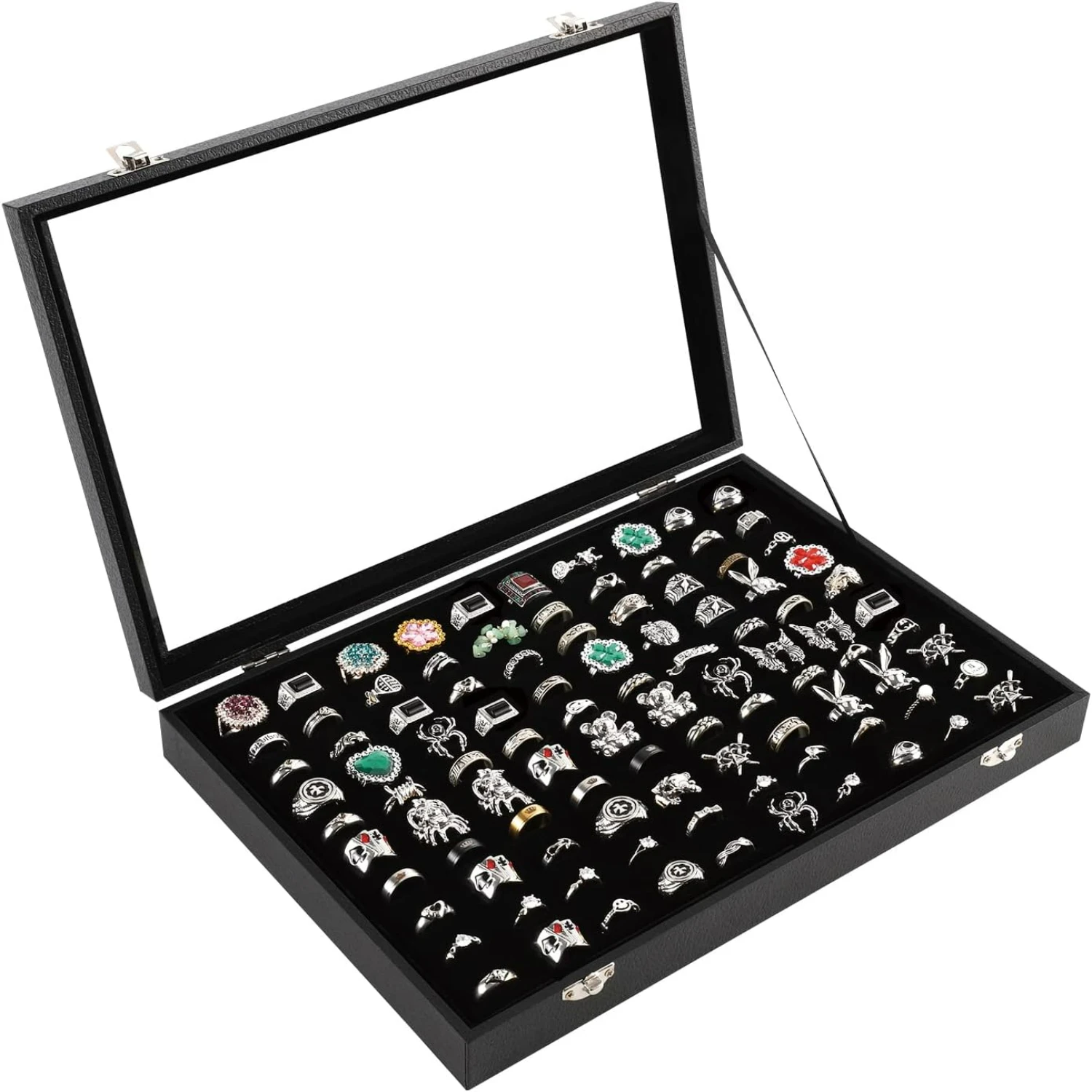 

Stylish and elegant velvet black glass lid jewelry display box - sophisticated organizer for rings, boasting 100 slot storage ca