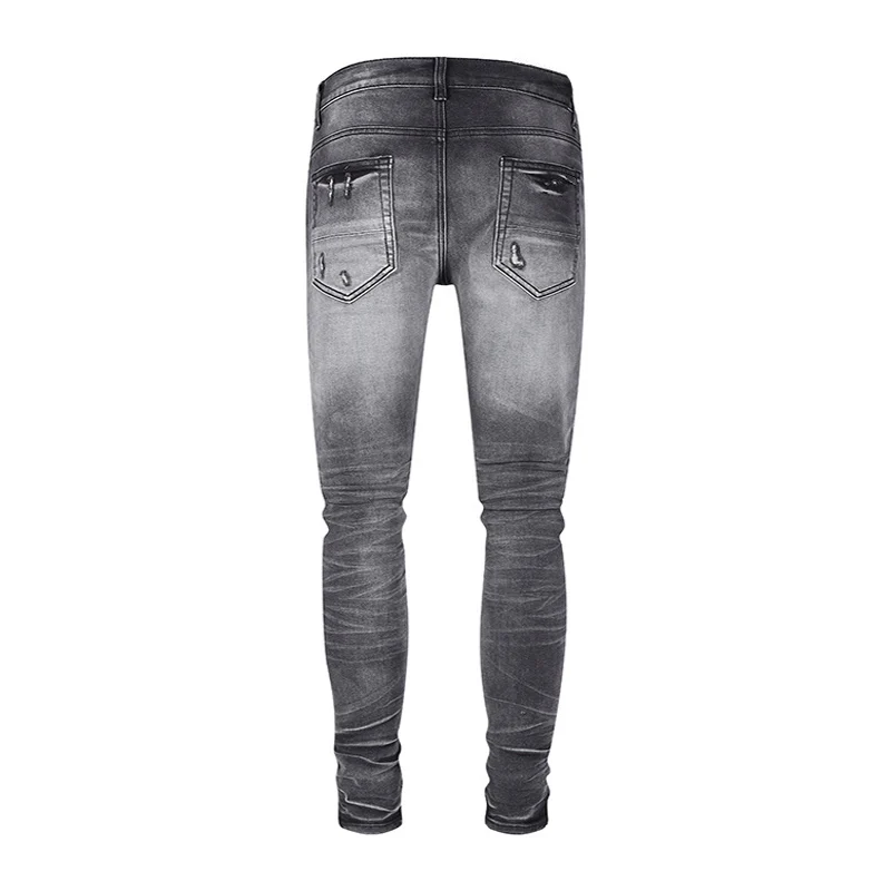High Street Designer Fashion Men Jeans Retro Black Gray Stretch Slim Fit Patched Ripped Jeans Men Y2K Hip Hop Brand Denim Pants