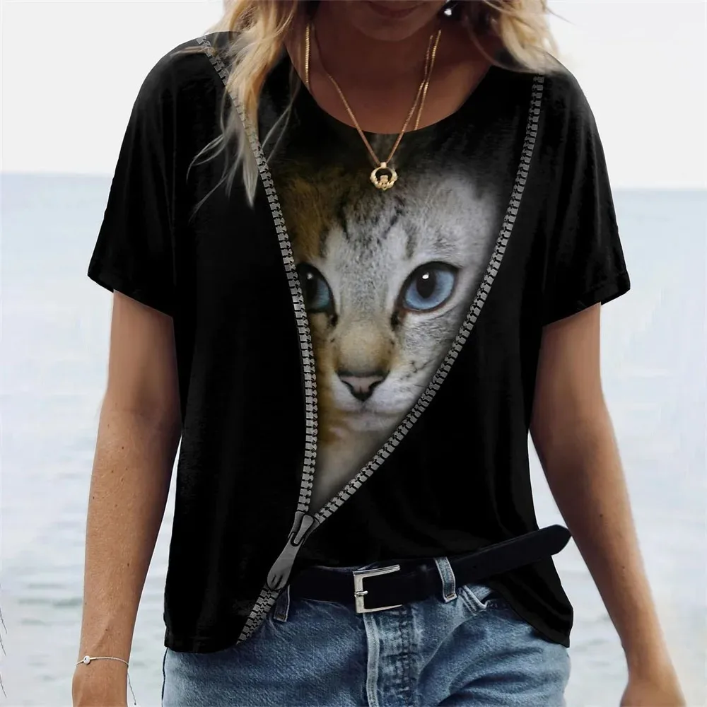 Camiseta con estampado de gato en 3d para mujer, camisetas de moda para mujer, Tops Y2k, Harajuku Kawaii, Top de gran tamaño con cuello redondo,