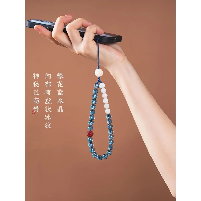 Original Hot flower blue crystal mobile phone lanyard handmade beaded short mobile phone charm high-end white jade Bodhi wrist p