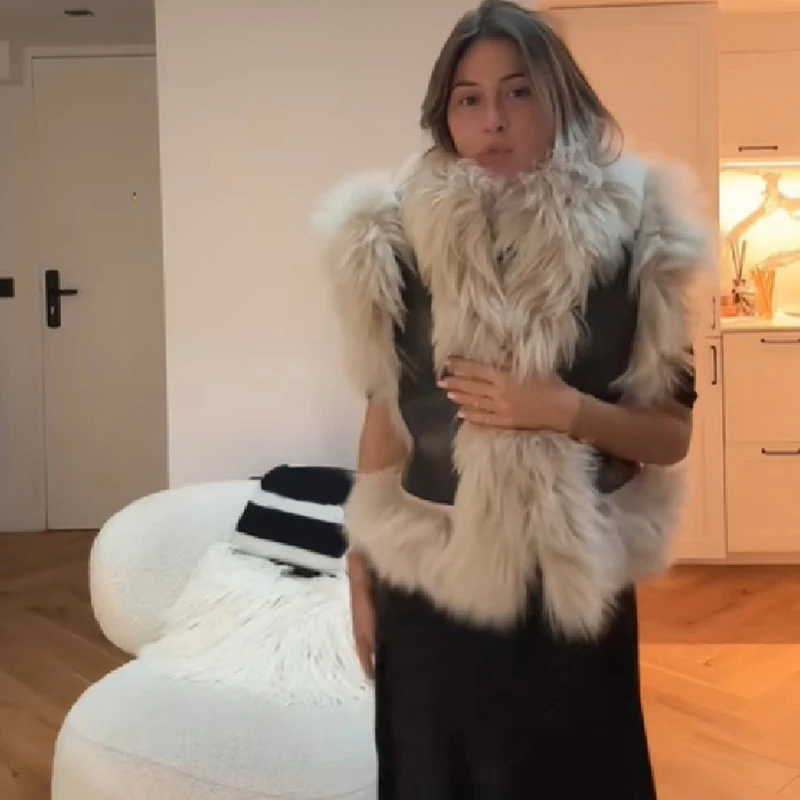 Women Faux Fur Trim Vest Faux Leather Sleeveless Open Front Cropped Layering Gilet Luxury Winter Street Party Ladies Waistcoat