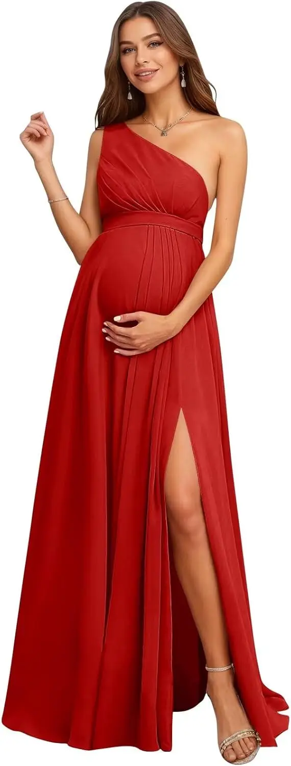 

Плиссированное макси-платье А-силуэта для беременных, вечернее платье на одно плечо для фотосессии, шифоновое платье для бэби-шауэра 2026