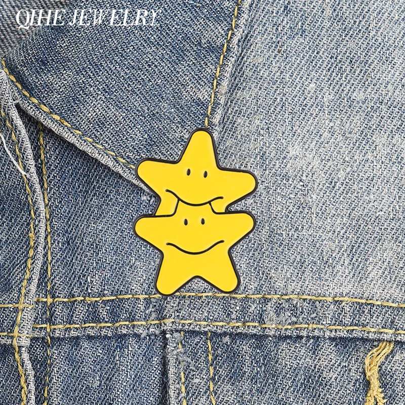 Fun Double Stack Smiling Stars Enamel Pin Cartoon Cute Star Bite Star Alloy Brooch Backpack Lapel Badge Jewelry Gift for Friends
