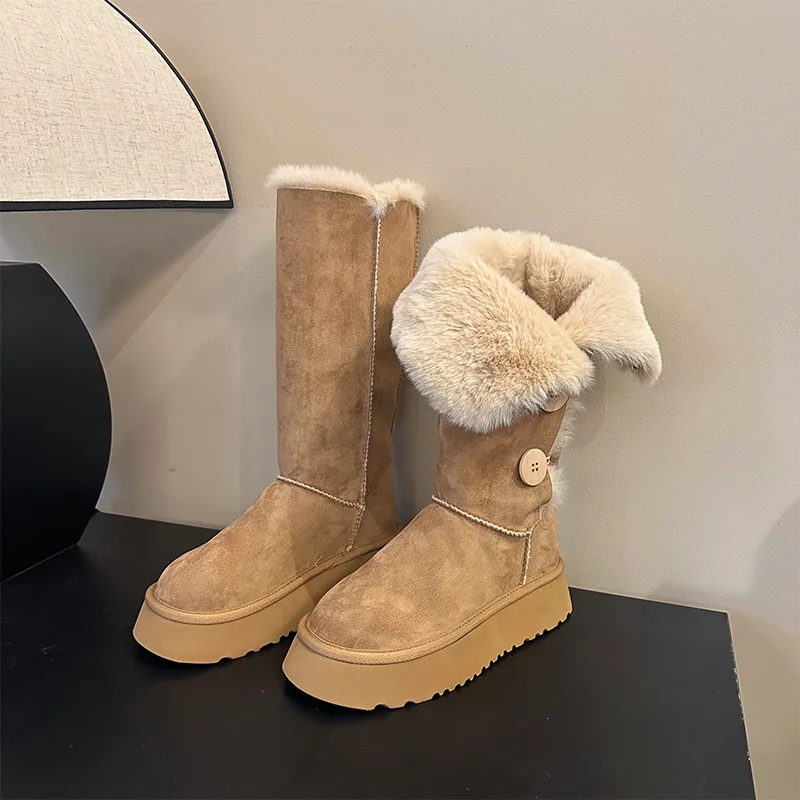 

Winter Plush Lined Extra Warm Long Thick Sole Snow Boots Women's Fashion Versatile Mid-Calf Warm Buckle Cotton Shoes