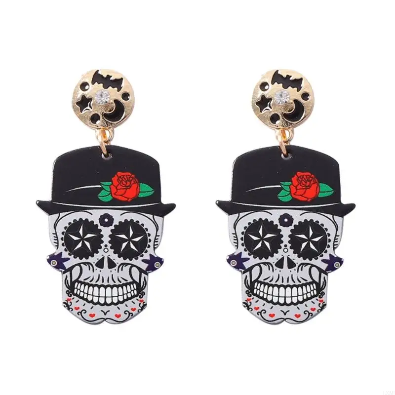  Spooky Season Skull Dangle Drop Earrings Pair, Acrylic Halloween Jewelry for Costume Parties, Themed Looks and Bold Styling