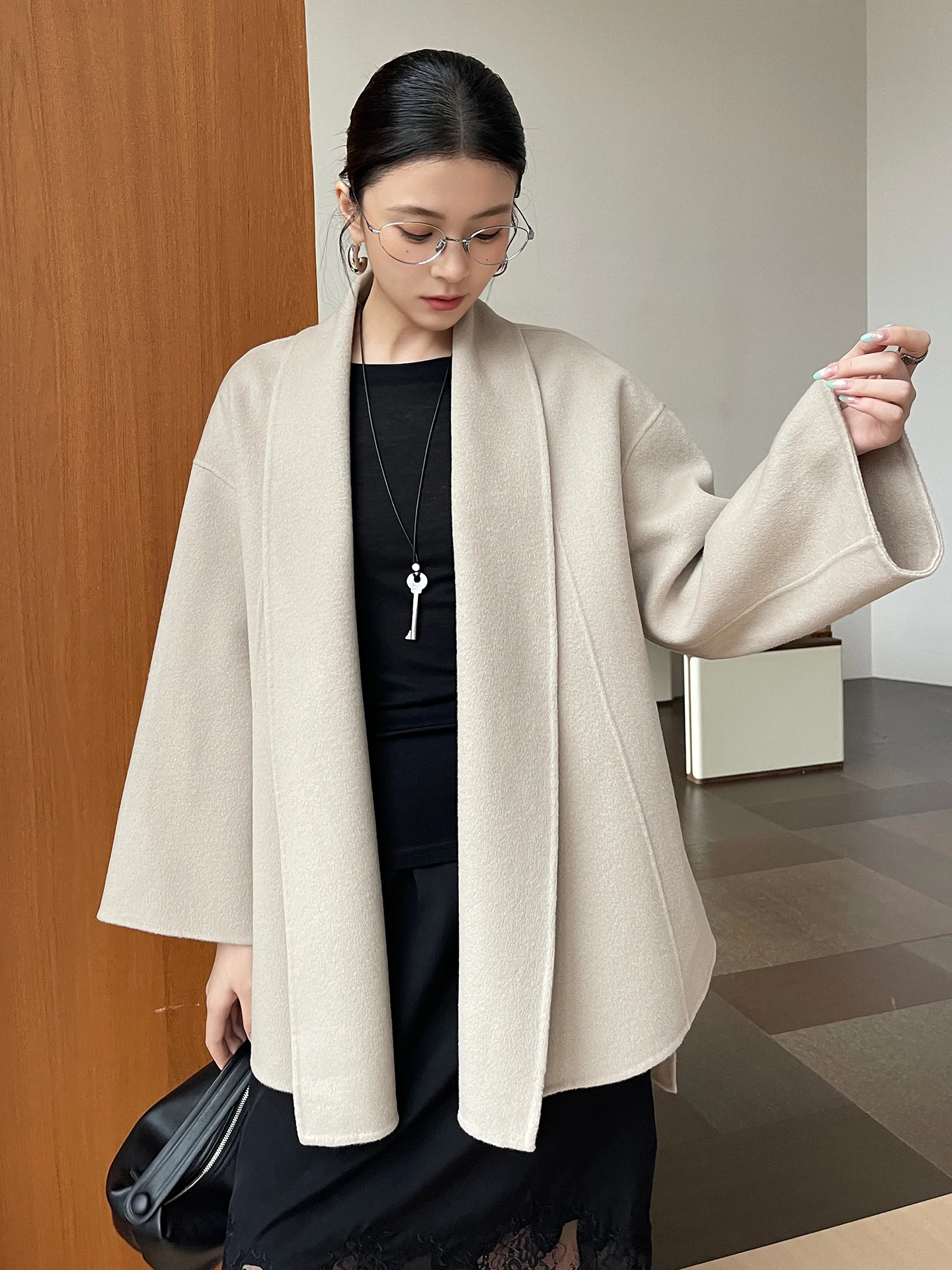 Women Double-Faced 100% Wool Shawl Collar Short Coat Unlined Relaxed Fit Open Front Winter Jacket Outerwear Belted Wrap Coat