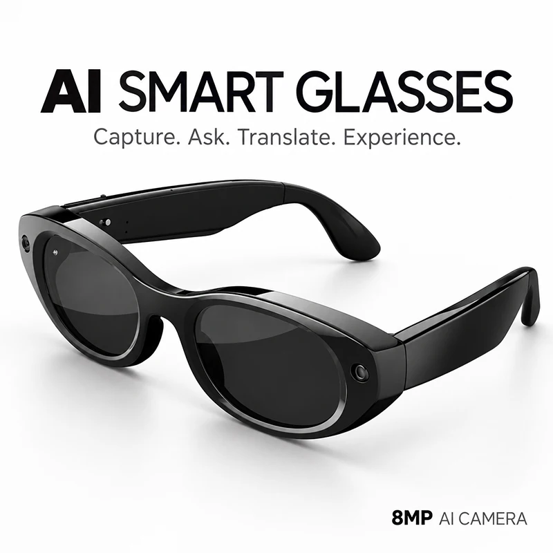 Smart Glasses AI Translator Voice Assistant Bluetooth Recording Women Sunglasses 8MP Camera Video Eyeglasses With Charging Case