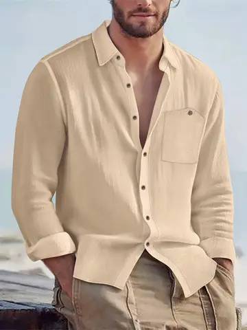 Men Spring Autumn Solid Color Linen Cardigan Lapel Collar Long Sleeve Shirt Breathable Button Top Daily Leisure Outdoor Wear