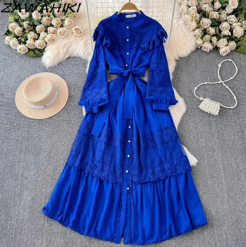 

Temperament Evening Dress for Women Lace Hollow Out Patchwork Vestidos Puff Sleeve Bandage Femme Robe Ruffles Fashion Ropa Mujer