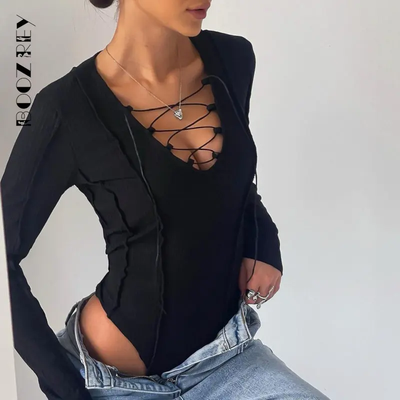 BoozRey 2023 Sexy Verband Binden Vorne Bodys für Frauen Ein Stück Langarm Rippen Stricken Solide Tops Bodys Outfits Kleidung