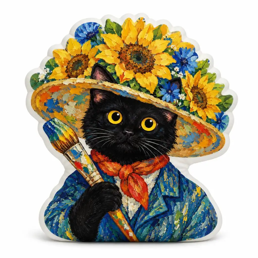 Black Cat Painter Shaped Pillow Artist Cushion Floral Sunflower Throw Pillow Cat Art Studio Sofa Home Decor Gift for Artists